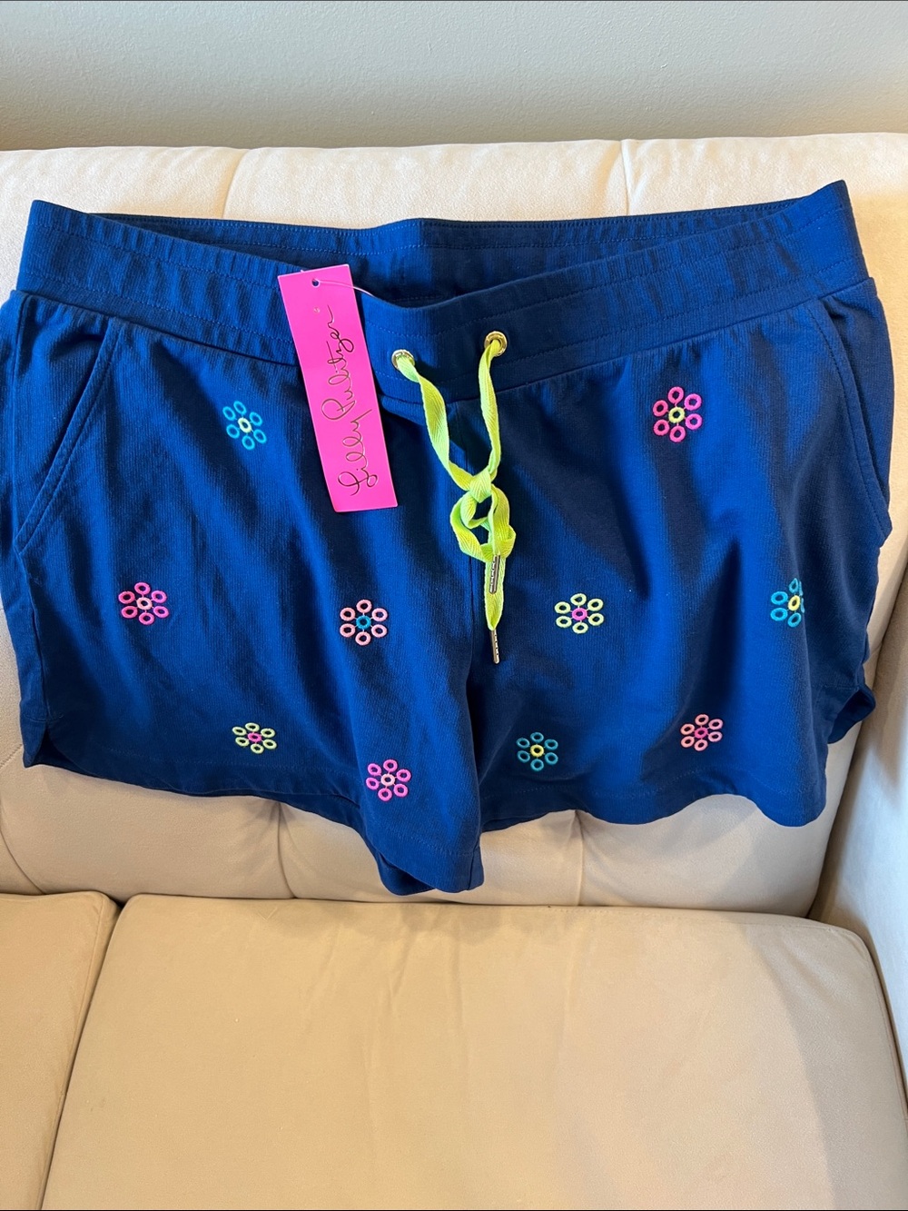 Lilly Pulitzer Navy Floral Eyelet Knit Shorts with Neon Drawstring